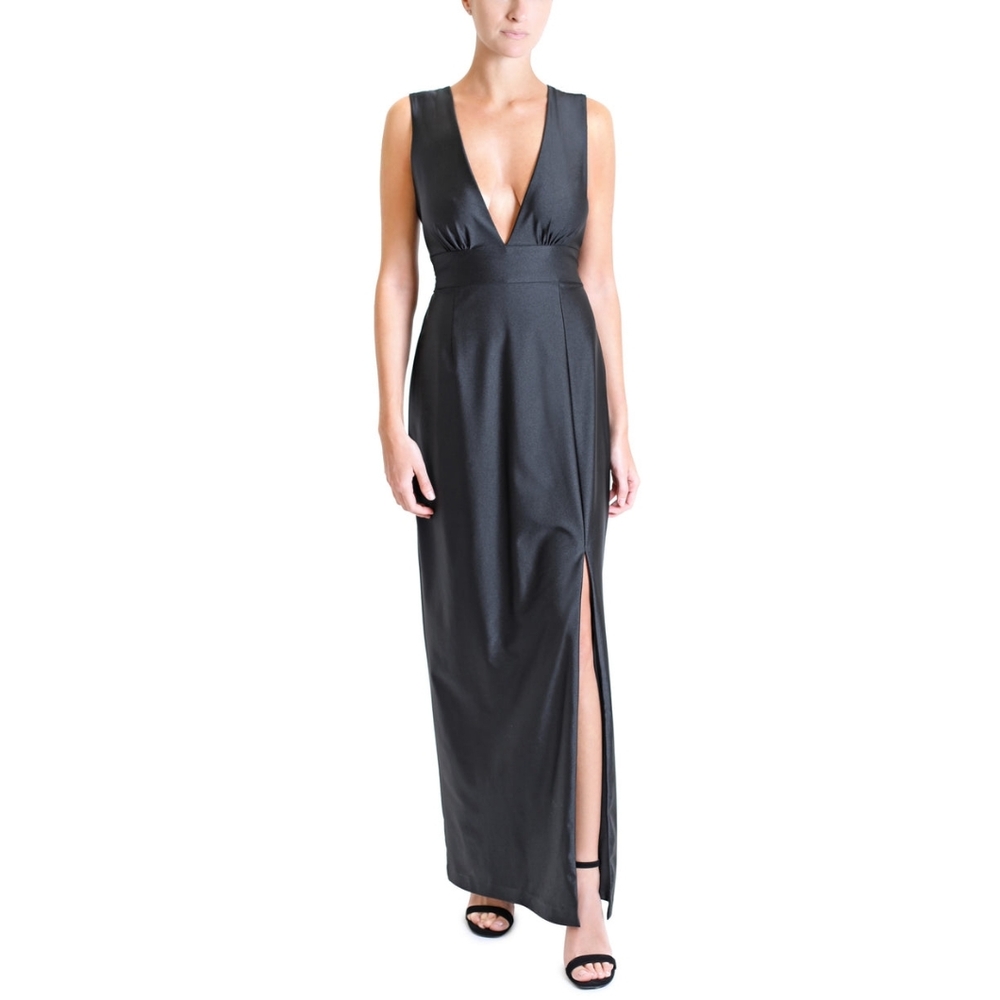 NWT - Julia Jordan Black Plunging Deep V Neck w Back Bow Maxi Gown - Size 16